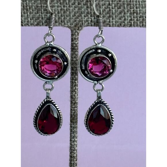 925 Silver Garnet & Pink Topaz Dangle Earrings - Picture 1 of 5